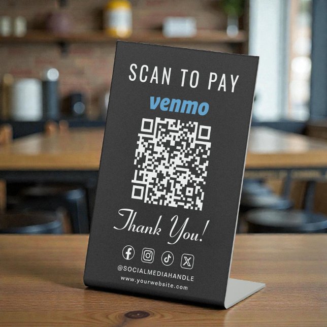 Signe De Table Code QR Venmo Scan to Pay noir sur présentoir (Venmo Scan to Pay QR Code Black Tabletop Pedestal Sign)