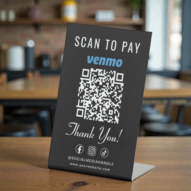 Signe De Table Code QR Venmo Scan to Pay sur Pied Noir (Venmo Scan to Pay QR Code Tabletop Black Pedestal Sign)