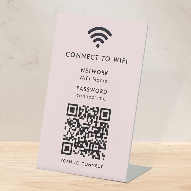 Signe De Table Code QR Wifi | Mot de passe réseau rose (Wi-Fi tabletop pedestal signs with interactive QR code, connecting anyone seamlessly to your WiFi)