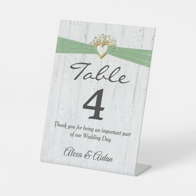 Signe De Table Coeur mariage Avec Ruban Vert Sage Sur Bois (Recto)