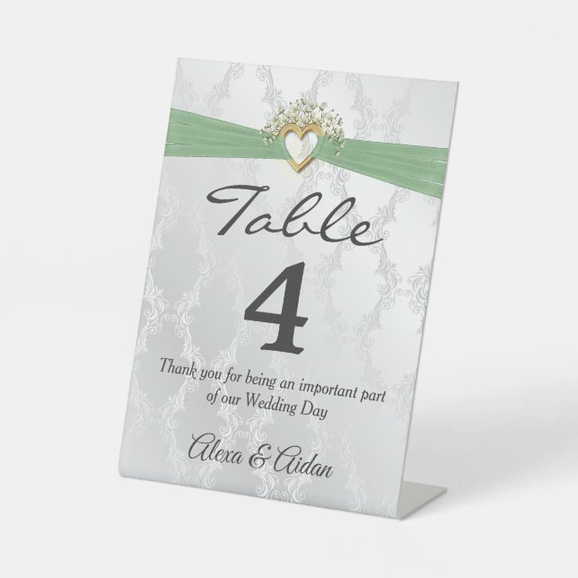 Signe De Table Coeur mariage Avec Ruban Vert Sage Sur Damask (Recto)