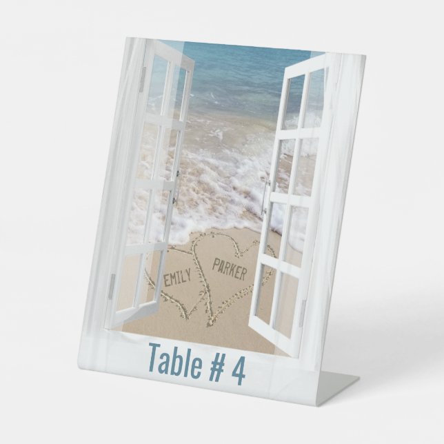 Signe De Table Coeurs de plage mariages dans une fenêtre (Recto)