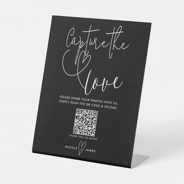 Signe De Table Coeurs modernes Mariage noir blanc Capter l'amour (Recto)