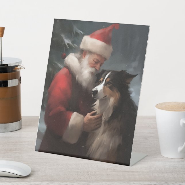 Signe De Table Collie frontalier avec Noël Festif du Père Noël (In SItu)