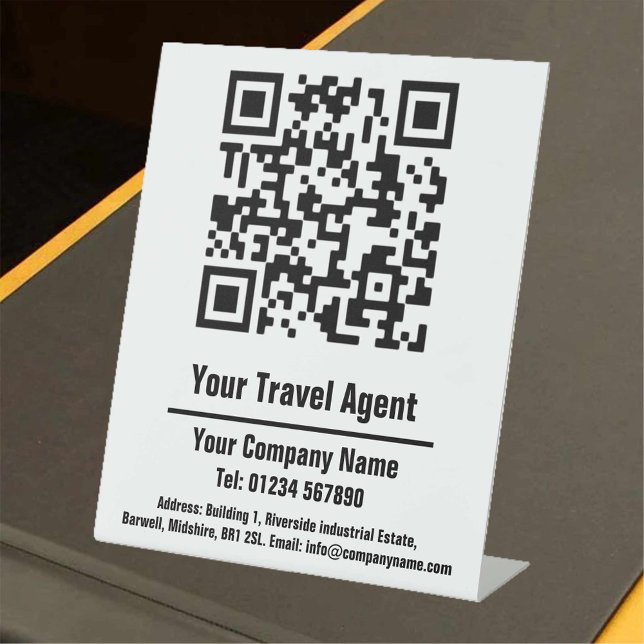 Signe De Table Conception de code QR de l'agent de voyages sur un (Créateur téléchargé)