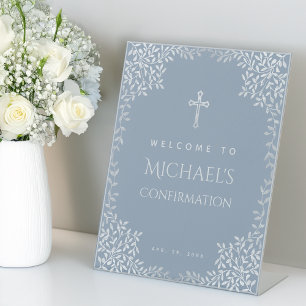 Signe De Table Confirmation du garçon Dusty bleu Feuilles religie