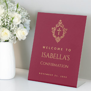 Signe De Table Confirmation Fille Bourgogne Faux Gold Cross & Cre