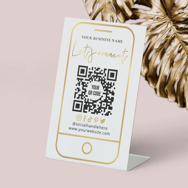 Signe De Table Connectons QR Code blanc & Gold Scannable (Connect with clients with this faux gold and white social media QR code pedestal sign)