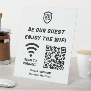 Signe De Table Connexion QR Wifi Blanc Logo Entreprise Signal Pié