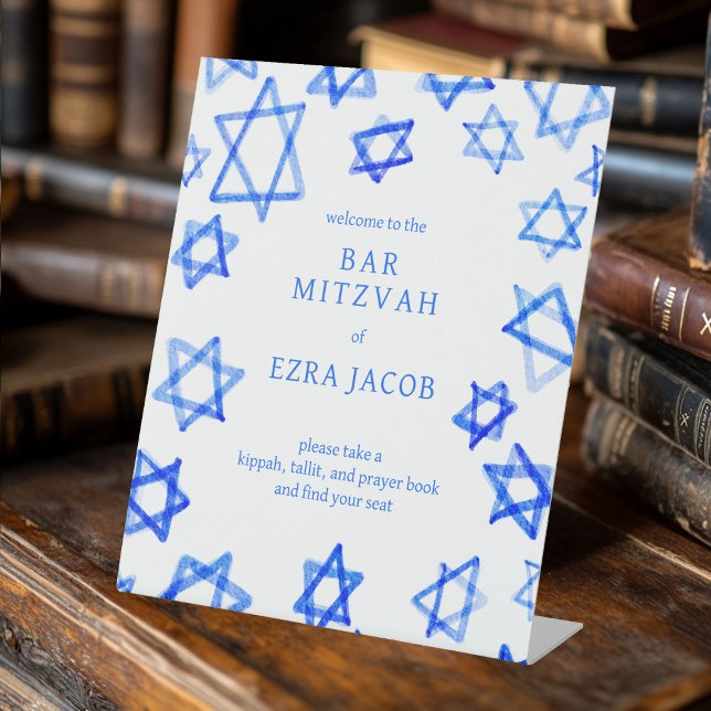 Signe De Table Cool aquarelle Blue Star de David Bar Bat mitzvah (Watercolor Cool Blue Star of David Bar Bat Mitzvah Pedestal Sign
)