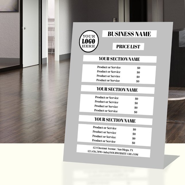 Signe De Table Couleurs personnalisées Liste de prix du logo d'en (Professional business tabletop sign price list template - simple - logo )