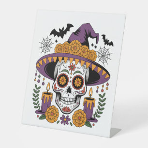Signe De Table Crâne avec chapeau de sorcière vecteur Halloween