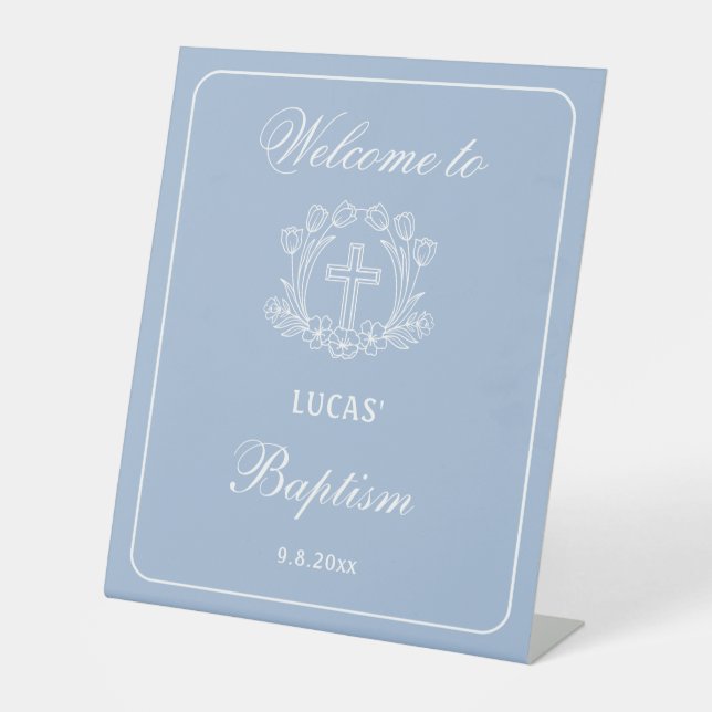 Signe De Table Croix florale simple sur Baptême bleu clair Accuei (Recto)