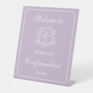 Signe De Table Croix florale simple sur Lilac Confirmation Bienve
