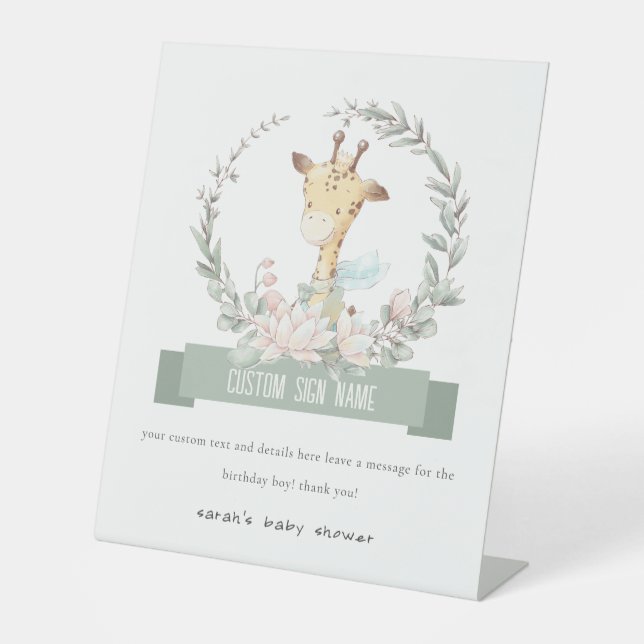 Signe De Table Cute Soft Giraffe Floral Baby shower Personnalisé (Recto)