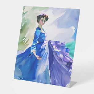 Signe De Table Dame en Robe Bleue - Peinture aquarelle