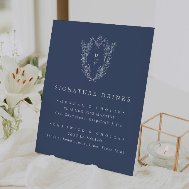 Signe De Table DAPHNE Bleu foncé Mariage moderne Signature Boire (DAPHNE Dark Blue Modern Wedding Signature Drink Pedestal Sign)