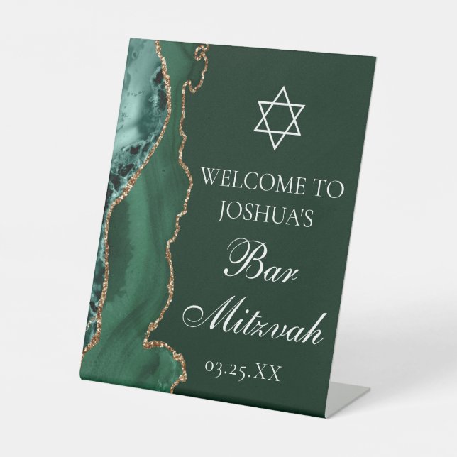 Signe De Table Dark Green Gold Agate Bar Mitzvah Party Bienvenue (Recto)