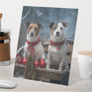 Signe De Table Décor de Noël Chariot enneigé Jack Russell