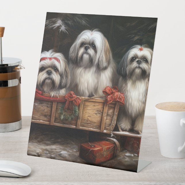 Signe De Table Décor de Noël Lhasa Apso Snowy Sleigh (In SItu)