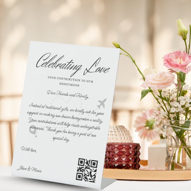 Signe De Table Demande de fonds de voyage Code Qr Fonds de lune d (Travel Fund Request Qr Code Honeymoon Fund Pedestal Sign)