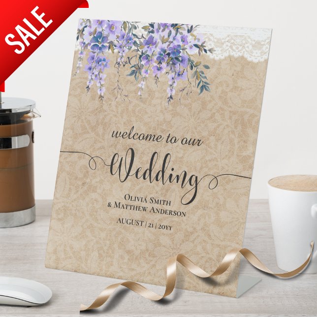 Signe De Table Dentelle mariage Affiche de bienvenue Purple Wiste (Créateur téléchargé)