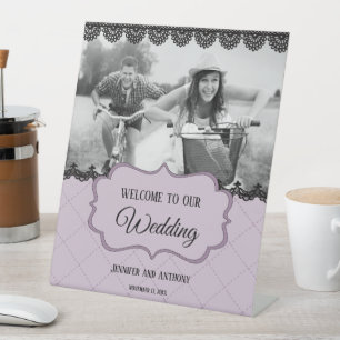 Signe De Table Dentelle noire sur Lavande douce Mariage personnal