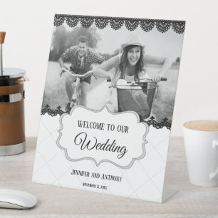 Signe De Table Dentelle noire sur mariage blanc personnalisé