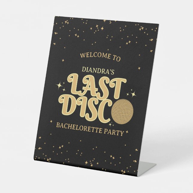 Signe De Table Dernière Disco Golden Retro Bachelorette Bienvenue (Recto)