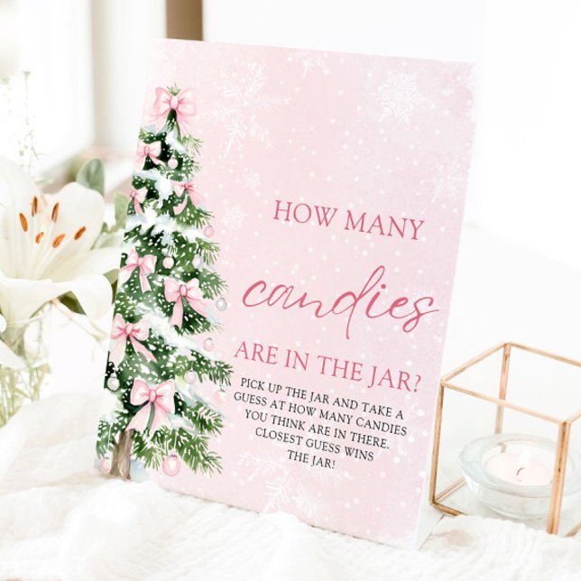 Signe De Table Devinez Noël Combien de bonbons Baby shower (Pink Bows Christmas Guess How Many Candies Baby Shower Sign)