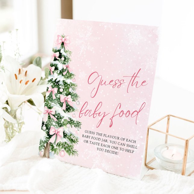 Signe De Table Devinez Noël le Baby shower alimentaire pour bébés (Pink Bows Christmas Guess the Baby Food Baby Shower Sign)