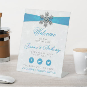 Signe De Table Diamante Snowflake & Blue Ribbon Mariage d'hiver