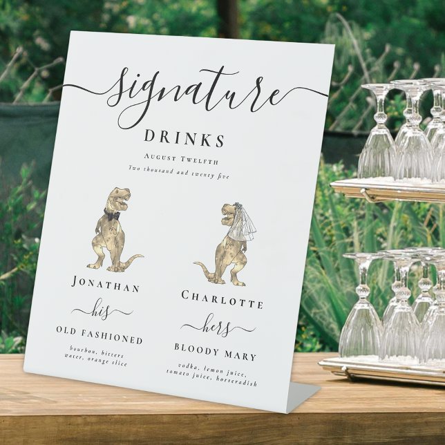 Signe De Table Dinosaur Mariée et Mariage de chambre Signature Ba (Dinosaur bride and groom wedding his & hers signature drinks bar sign custom black and white elegant)