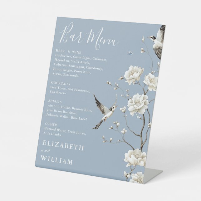Signe De Table Dusty Blue Chinoiserie Floral Bar Menu Mariage (Recto)