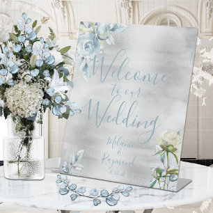 Signe De Table Dusty Blue Floral Bienvenue Notre Mariage manuscri