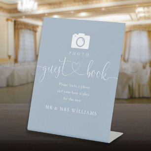 Signe De Table Dusty Blue Heart Script Photo Livre d'invité