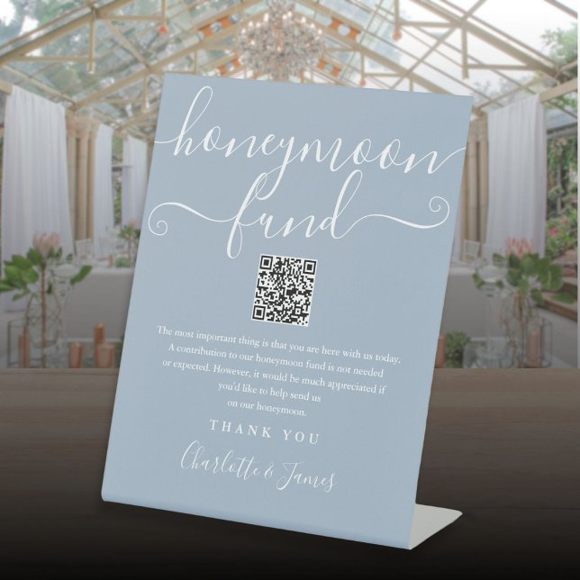 Signe De Table Dusty Blue Honeymoon Fund Code QR (Dusty Blue Honeymoon Fund QR Code Pedestal Sign)