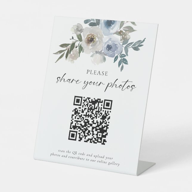 Signe De Table Dusty Blue Mariage Photos QR Code Welcome Script (Recto)