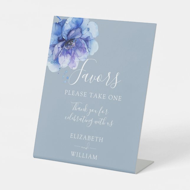 Signe De Table Dusty Blue Moderne Aquarelle Florale Mariage Faveu (Recto)