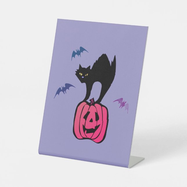 Signe De Table Éffrayant Chat Halloween Citrouille Pop Art (Recto)