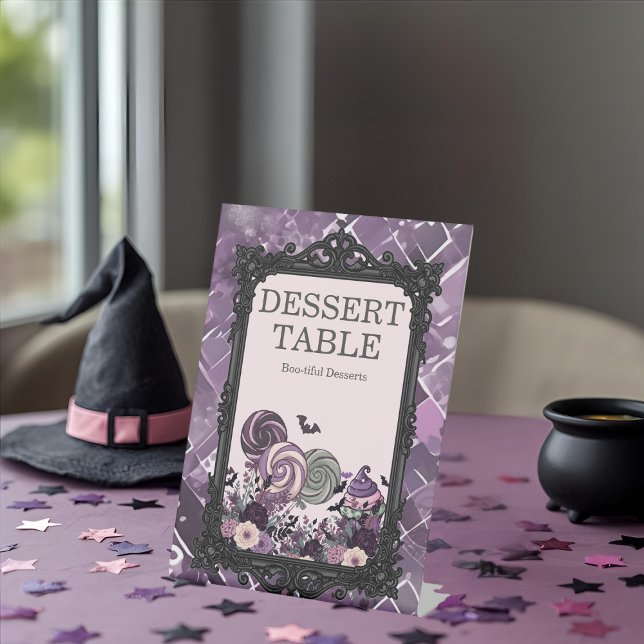 Signe De Table Éffrayant mignon gothique violet table de DESSERT (Spooky Cute Gothic purple DESSERT Table Pedestal Sign)