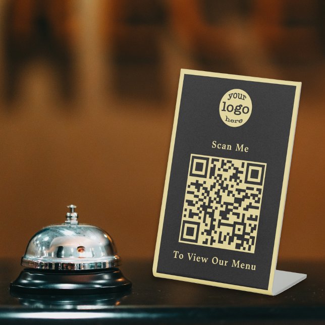 Signe De Table Élégant Black Gold Logo QR Code Restaurant Menu (Elegant Black Gold Logo QR Code Restaurant Menu Pedestal Sign)