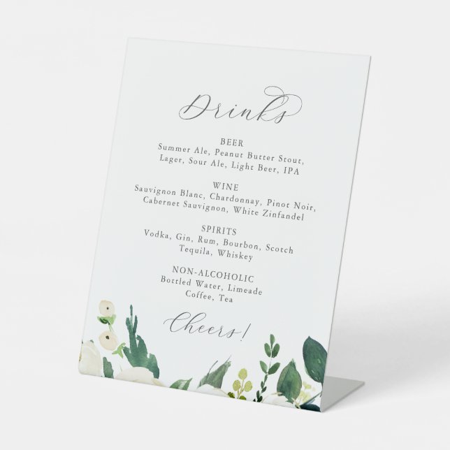 Signe De Table Élégant Blanc Floral Mariage Boissons Menu Signer (Recto)