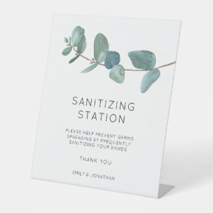 Signe De Table Elégant Bleu Eucalyptus Sanitizer Station mains Pe
