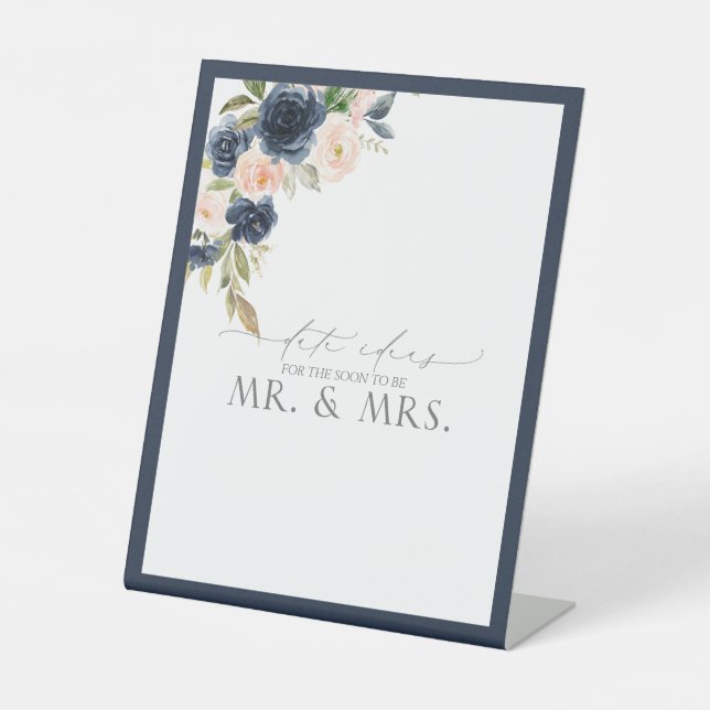 Signe De Table Elégant bleu marine Blush rose Floral Idées Date (Recto)