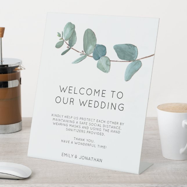 Signe De Table Elégant Blue Eucalyptus Welcome COVID Safety Pedes (In SItu)