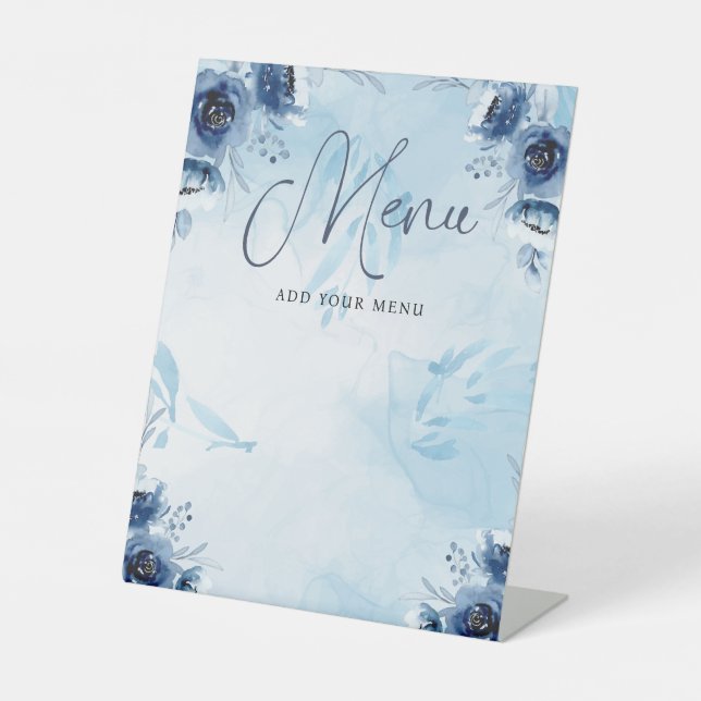 Signe De Table Elégant Blue Flowers Menu Baby shower Garçon (Recto)