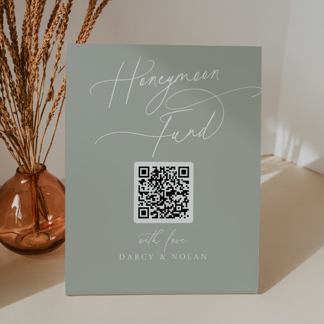 Signe De Table Élégant charme vert QR Code Symbole Fonds Lune de  (Elegant Charm Green QR Code Honeymoon Fund Sign)