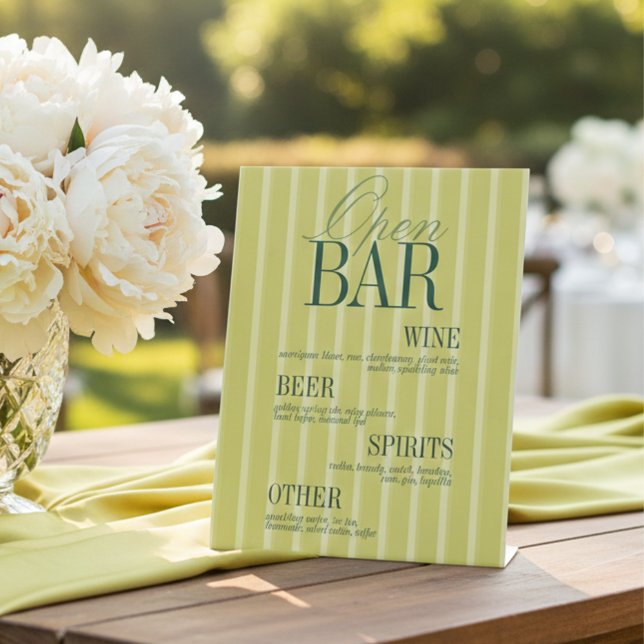 Signe De Table Elegant Chartreuse Stripe Open Bar Menu Wedding (Elegant Chartreuse Stripe Open Bar Menu Wedding Pedestal Sign)