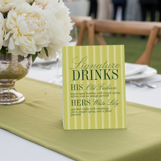 Signe De Table Elegant Chartreuse Stripe Signature Drinks Wedding (Elegant Chartreuse Stripe Signature Drinks Wedding Pedestal Sign)